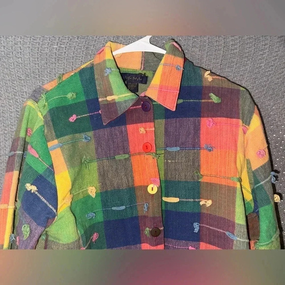 Lifestyle Bright Vintage Plaid Multicolored Jacket Tassels 80s True Vintage M - Picture 3 of 7